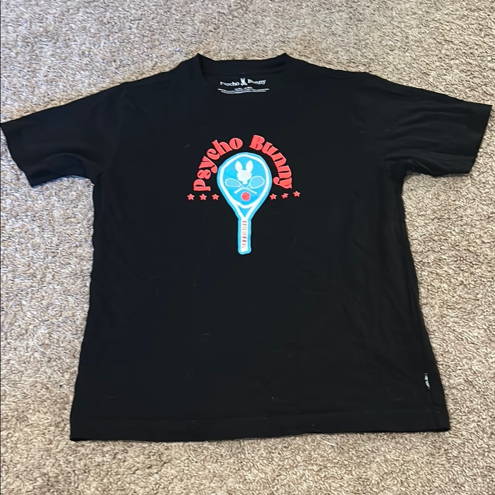 Psycho Bunny Black Tee with Red and Blue Graphic